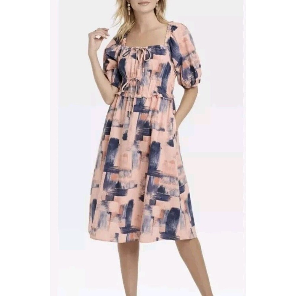 Universal Thread Pink Blue Puff Short Sleeve Elastic Waist Dress Sz L